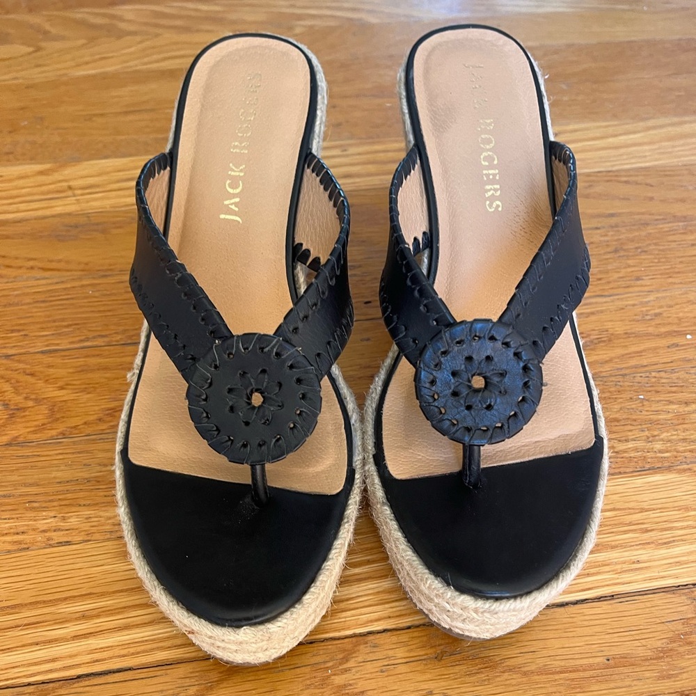 Jack Rogers Women's Marbella Jacks Wedge Sandals US 8.5 Black Espadrille thong - Picture 3 of 4